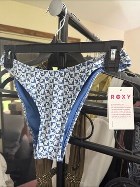 Roxy Blue and White Floral Textured Bikini Bottom